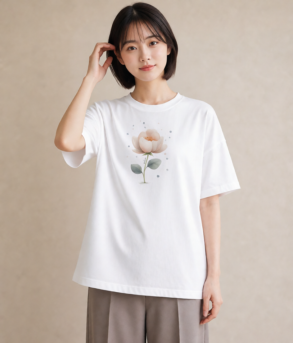 半袖Tシャツ レディース 蓮 花 花柄 イラスト 淡色 旅行用 海 白T