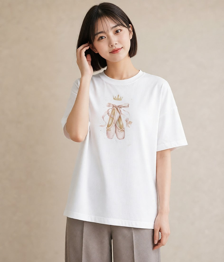 Tシャツ レディース バレエシューズ バレエ トウシューズ ナチュラル アンティーク イラスト ゆるコーデ 通学 誕生日プレゼント 白T