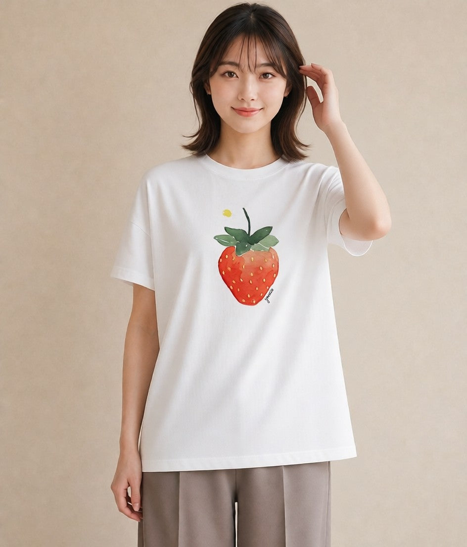 プリントTシャツ レディース いちご 苺 ストロベリー 食べ物 フード イラスト 韓国風 週末コーデ 敬老の日 白T