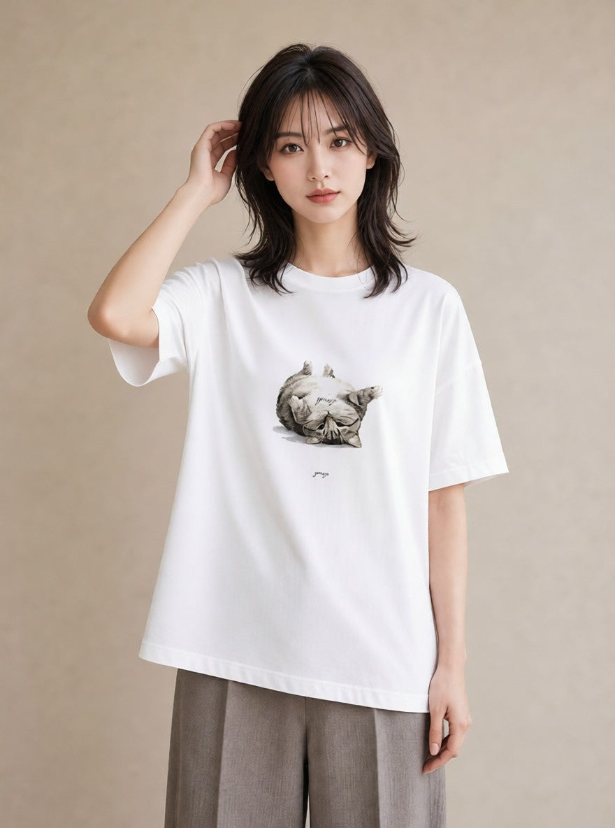 プリントTシャツ レディース 白猫 猫 ねこ イラスト アート風 母の日 ビーチ 白T