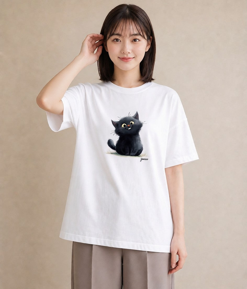 半袖Tシャツ レディース 黒猫 猫 ねこ イラスト アート風 普段着 週末コーデ 白T