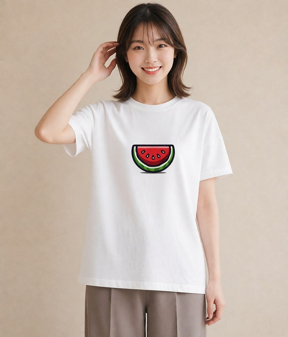 半袖Tシャツ レディース すいか 食べ物 フード イラスト 淡色 ギフト 母の日 白T