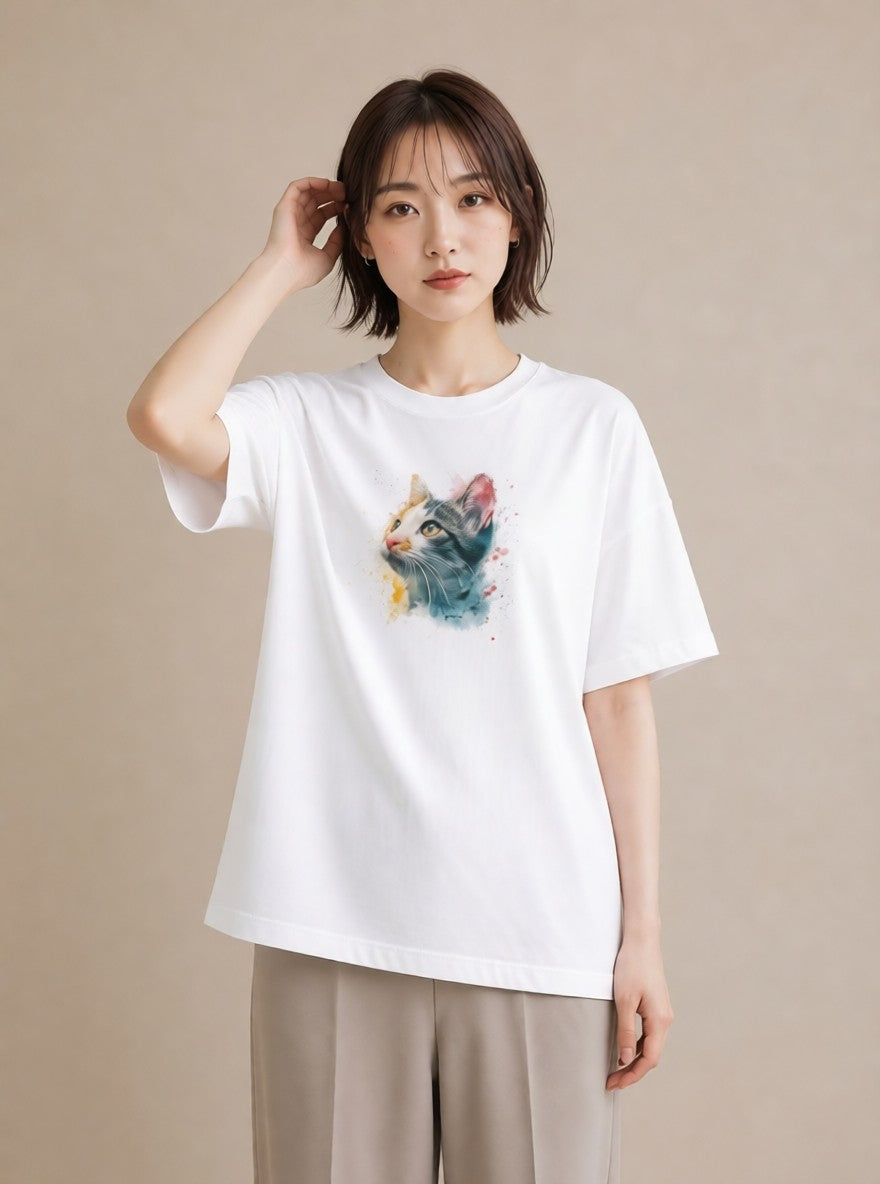 プリントTシャツ レディース ロシアンブルー 猫 ねこ イラスト ビーチ デイリーウェア 白T