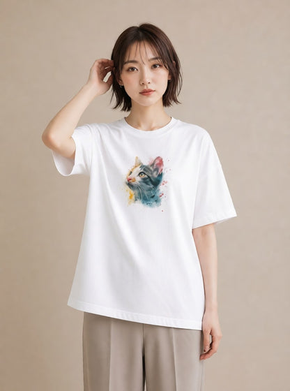 プリントTシャツ レディース ロシアンブルー 猫 ねこ イラスト ビーチ デイリーウェア 白T