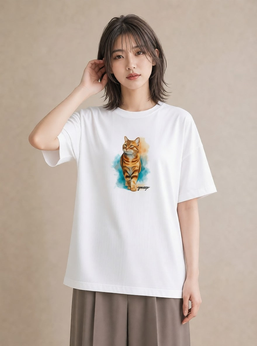 プリントTシャツ レディース メインクーン 猫 ねこ イラスト ゆるかわ 帰省 ラフ 白T