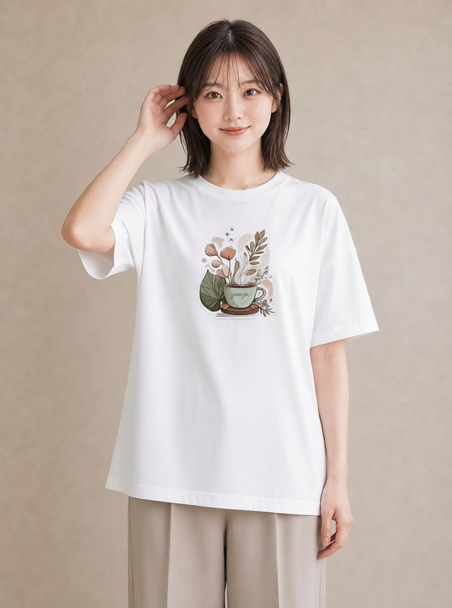 Tシャツ レディース 紅茶 食べ物 フード イラスト きれいめカジュアル お出かけ 普段着 白T