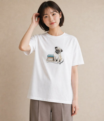デザインTシャツ レディース パグ 犬 いぬ イラスト 韓国風 女子会 お揃い 白T