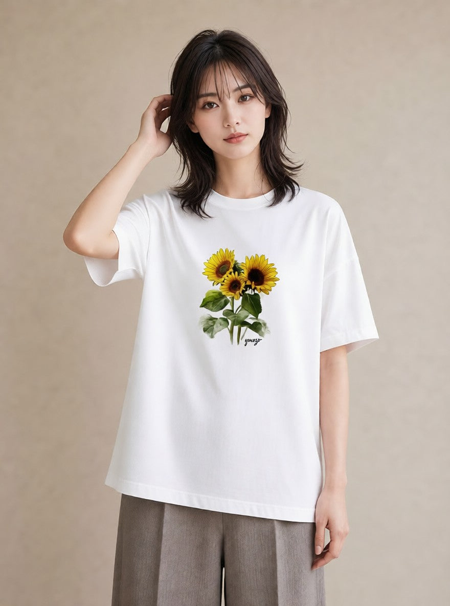 グラフィックTシャツ レディース ひまわり 向日葵 花 花柄 イラスト 手描き風 通学 誕生日プレゼント 白T