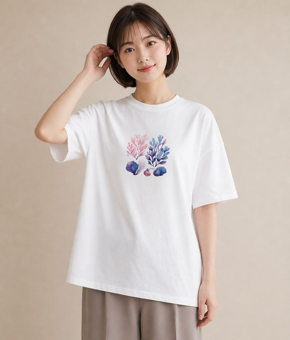 Tシャツ レディース サンゴ 海の生き物 海 イラスト アート風 休日 ペアコーデ 白T