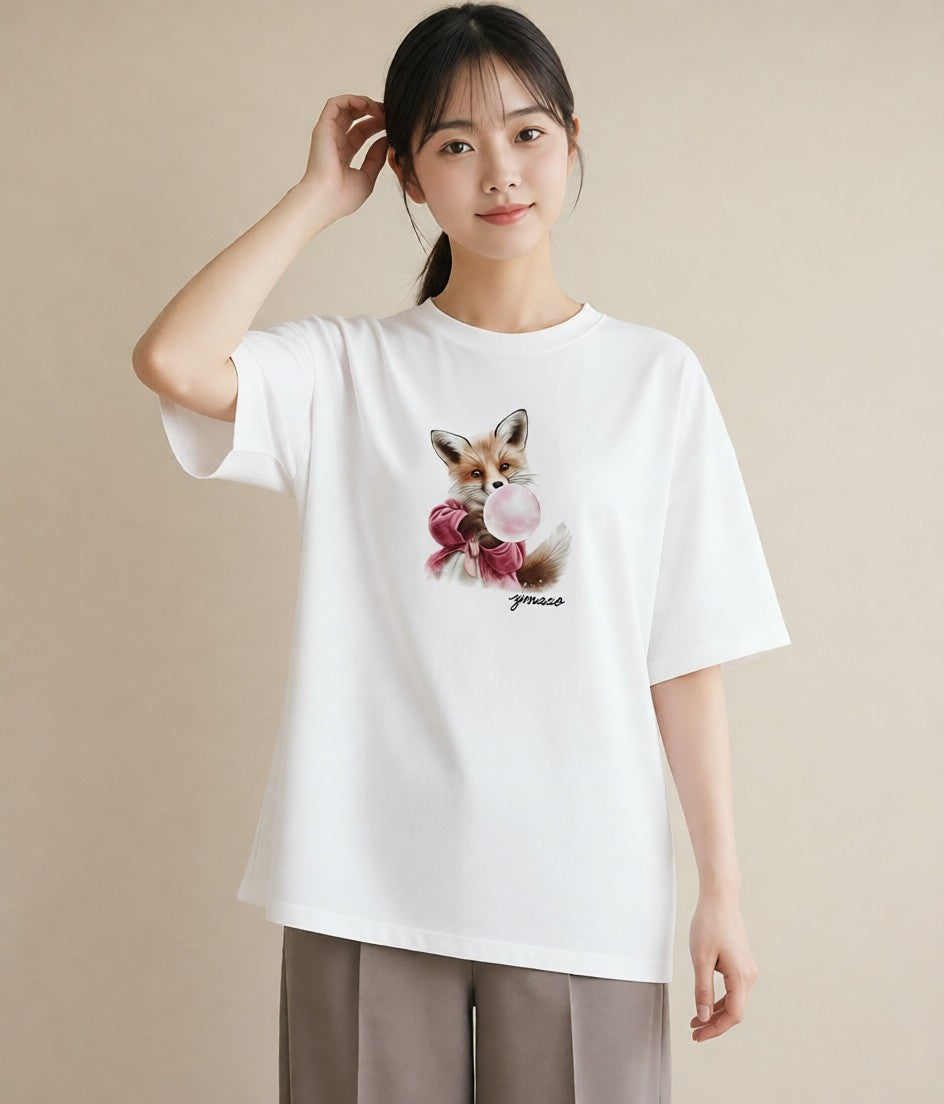 プリントTシャツ レディース きつね 動物 アニマル イラスト ユニーク お出かけ 普段着 白T