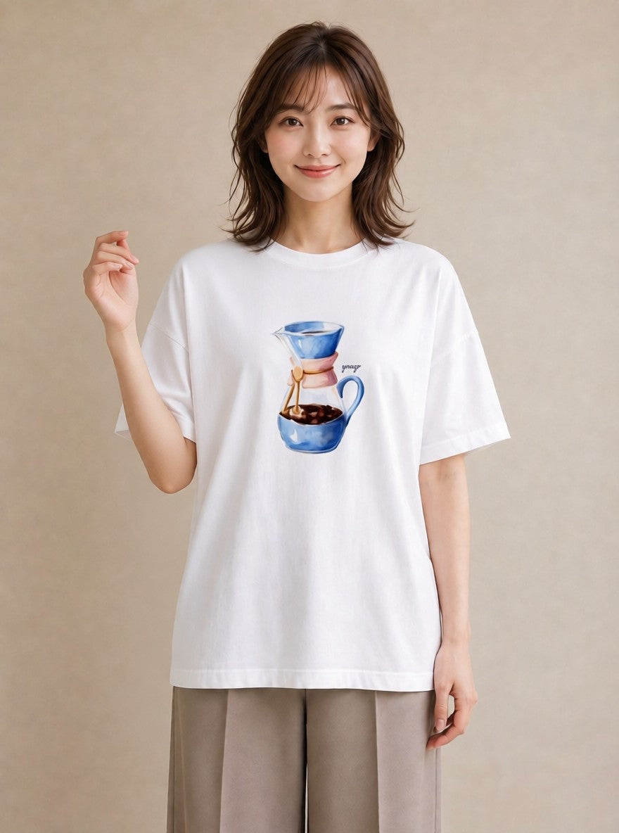 デザインTシャツ レディース コーヒー 珈琲 カフェ 食べ物 フード イラスト ポップ ビーチ デイリーウェア 白T