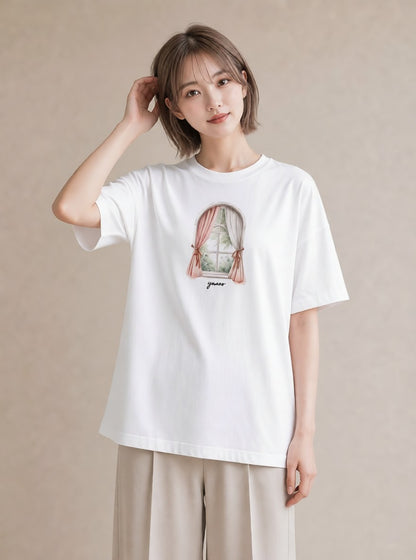 半袖Tシャツ レディース 窓辺の雨 雨の日 窓 ナチュラル アンティーク イラスト ミニマル ビーチ デイリーウェア 白T