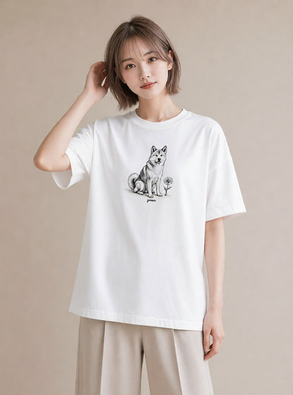 半袖Tシャツ レディース 秋田犬 犬 いぬ イラスト こなれ感 自分用 ルームウェア 白T