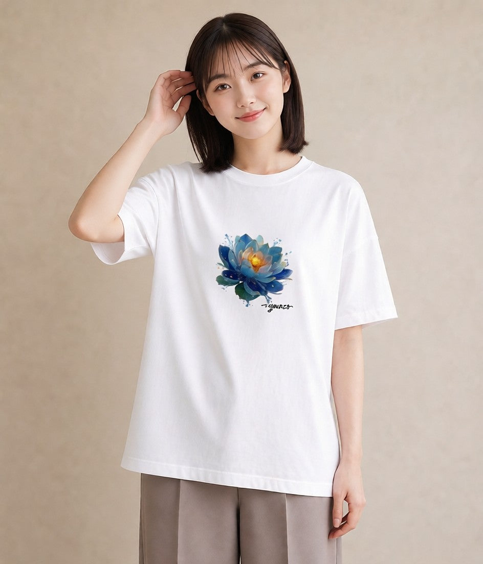 Tシャツ レディース 蓮 花 花柄 イラスト レトロ 休日 ペアコーデ 白T