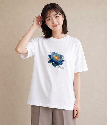 Tシャツ レディース 蓮 花 花柄 イラスト レトロ 休日 ペアコーデ 白T