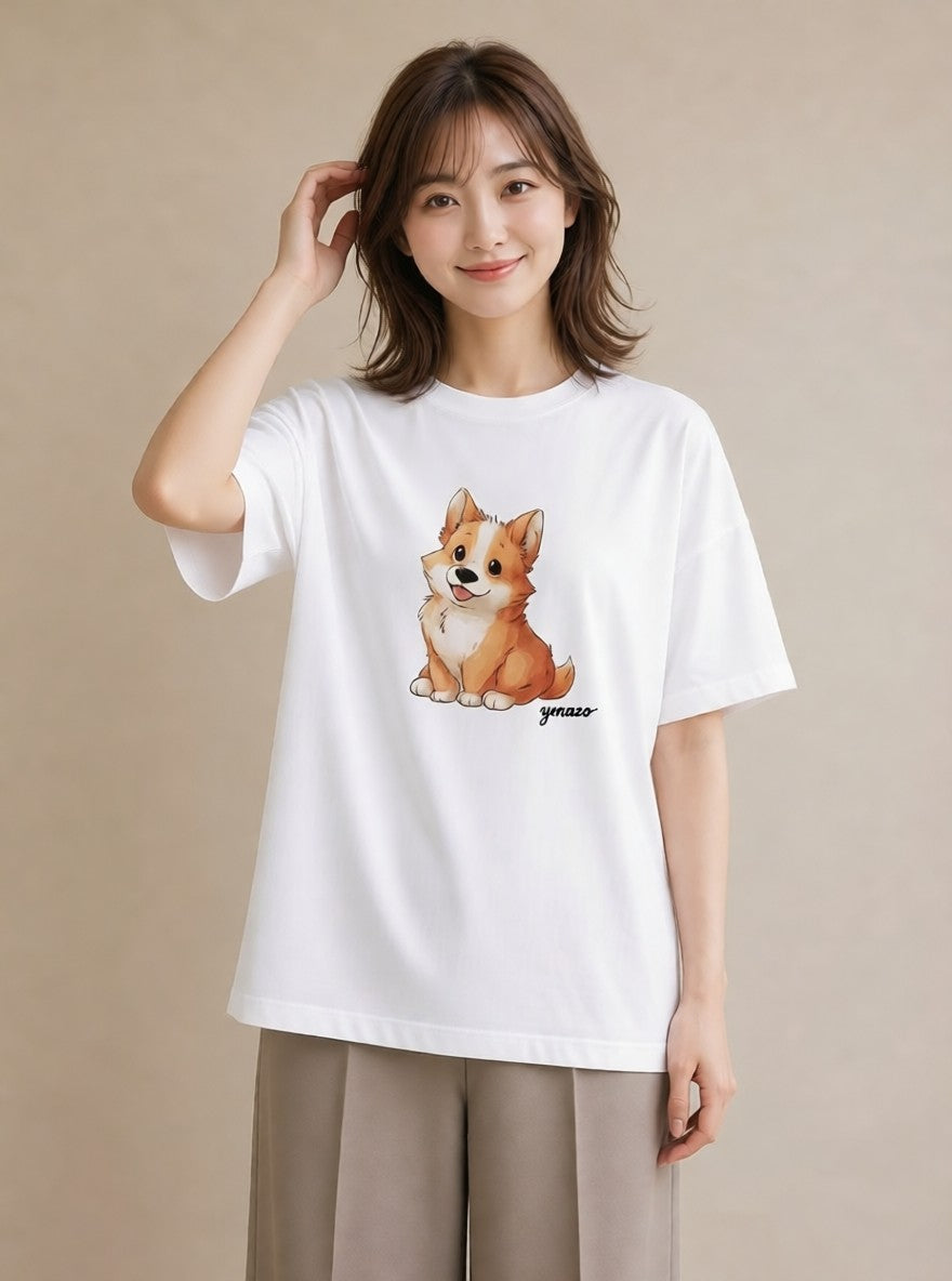 Tシャツ レディース ウェルシュコーギー コーギー 犬 いぬ イラスト シンプル デイリーウェア 休日 白T