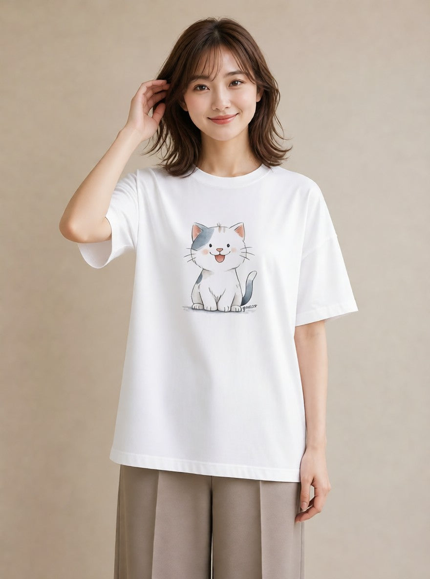 Tシャツ レディース ねこ 猫 ネコ イラスト きれいめ 20代 カジュアルコーデ 白T