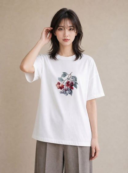 プリントTシャツ レディース さくらんぼ チェリー 食べ物 フード イラスト きれいめカジュアル 自分用 ルームウェア 白T