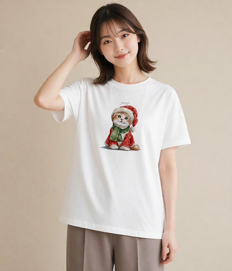 半袖Tシャツ レディース スコティッシュフォールド 猫 ねこ イラスト 線画 親子 20代 白T