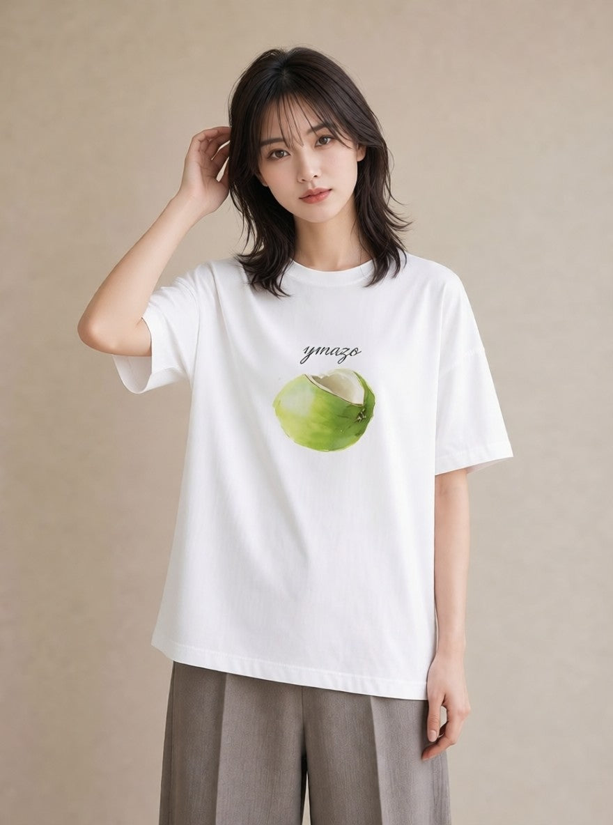 半袖Tシャツ レディース りんご 林檎 アップル 食べ物 フード イラスト 普段使い 旅行用 海 白T