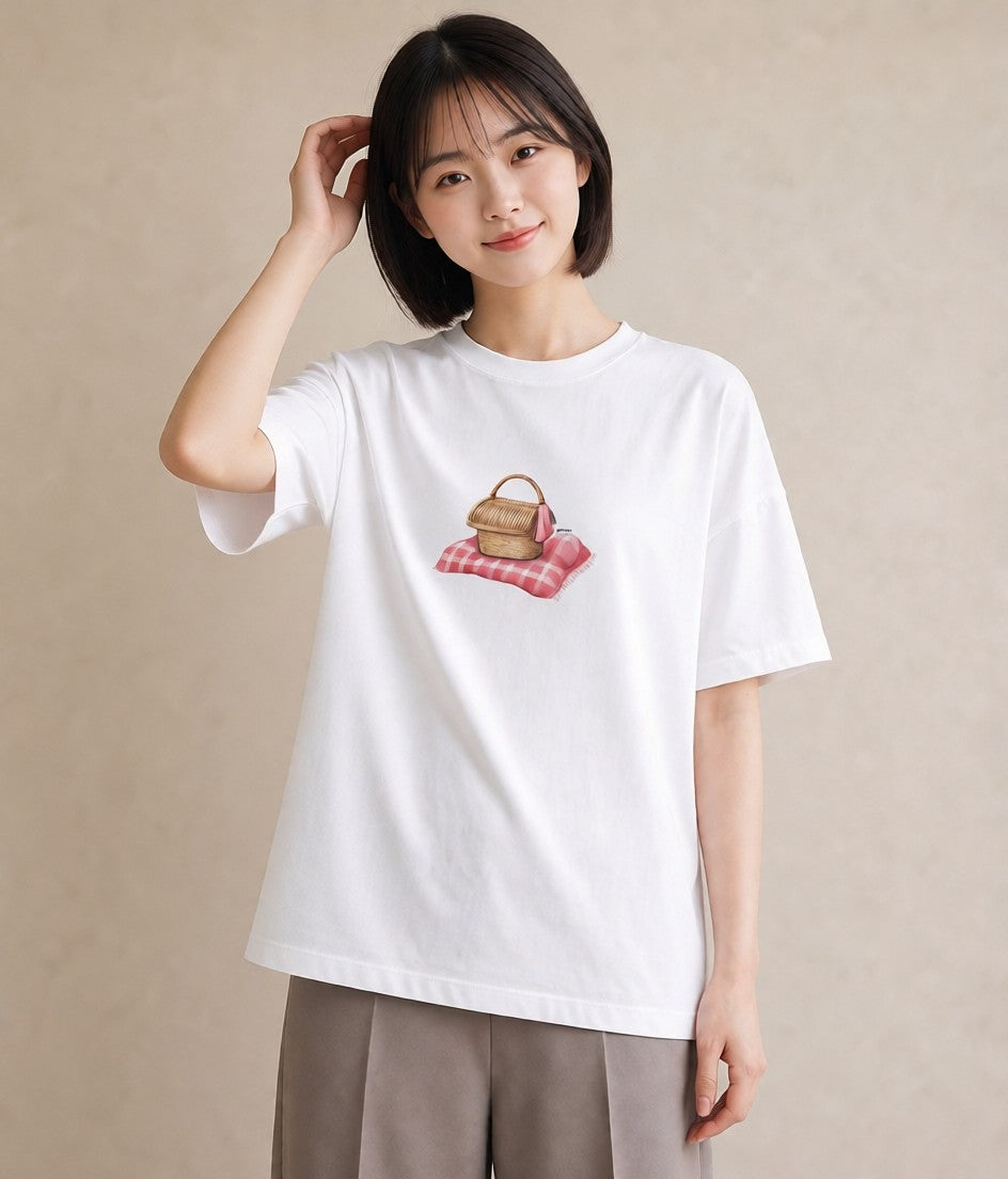 プリントTシャツ レディース 自転車のかご 自転車 花かご ナチュラル アンティーク イラスト ラフ 休日 ペアコーデ 白T