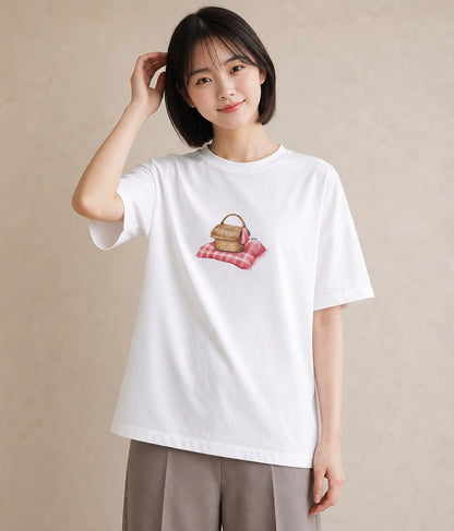 プリントTシャツ レディース 自転車のかご 自転車 花かご ナチュラル アンティーク イラスト ラフ 休日 ペアコーデ 白T