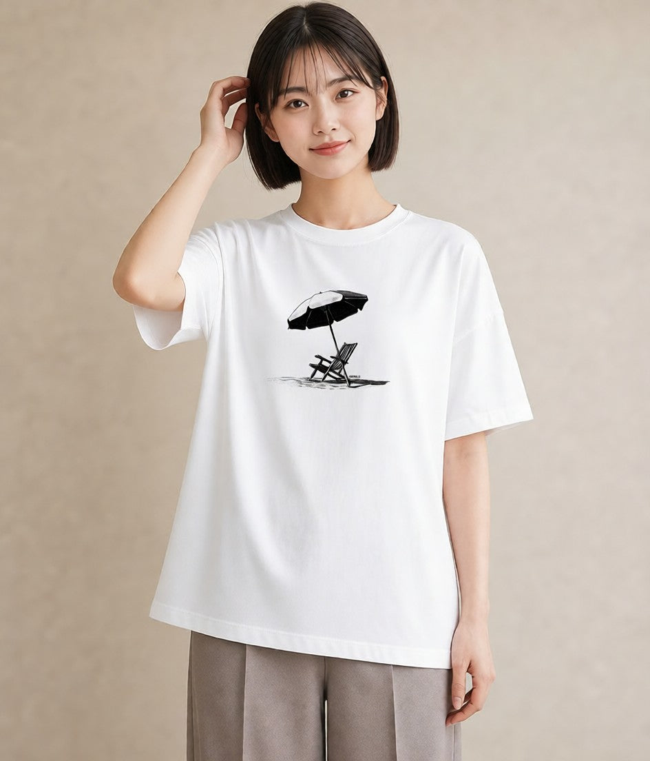 プリントTシャツ レディース 傘 水たまり 雨 ナチュラル アンティーク イラスト ゆるコーデ 女性 旅行用 白T