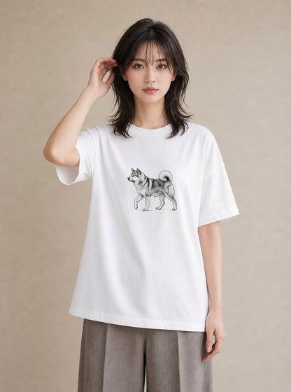 半袖Tシャツ レディース 秋田犬 犬 いぬ イラスト 韓国風 散歩 お出かけ 白T
