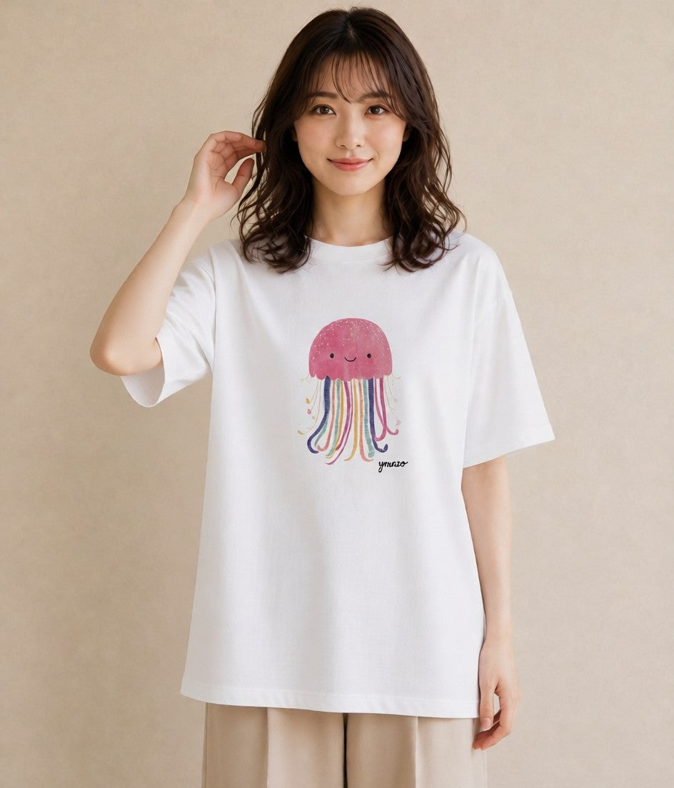 デザインTシャツ レディース くらげ クラゲ 海の生き物 海 イラスト 普段使い ミセス 春コーデ 白T