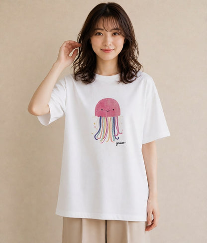 デザインTシャツ レディース くらげ クラゲ 海の生き物 海 イラスト 普段使い ミセス 春コーデ 白T