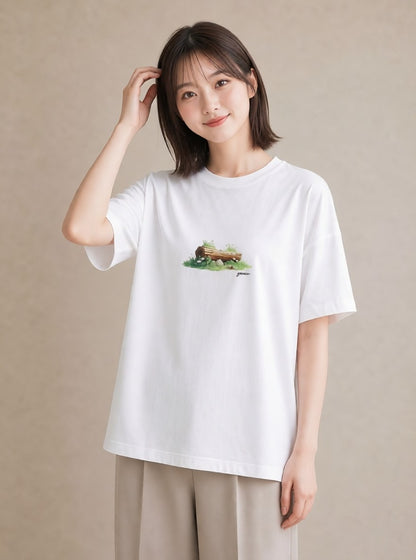プリントTシャツ レディース 小川 橋 せせらぎ ナチュラル アンティーク イラスト ポップ 通学 誕生日プレゼント 白T