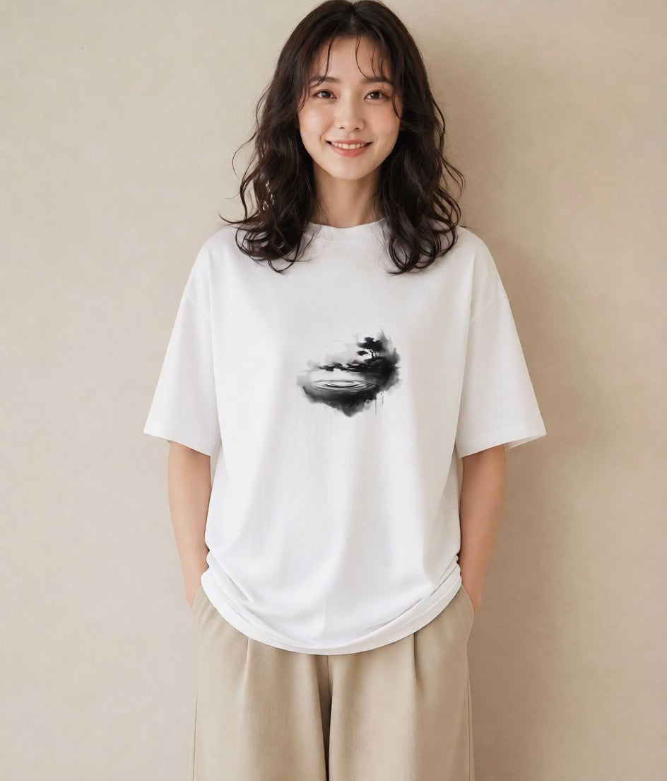 デザインTシャツ レディース 青の水彩 風景 ブルー ナチュラル アンティーク イラスト 海 カフェ巡り 白T