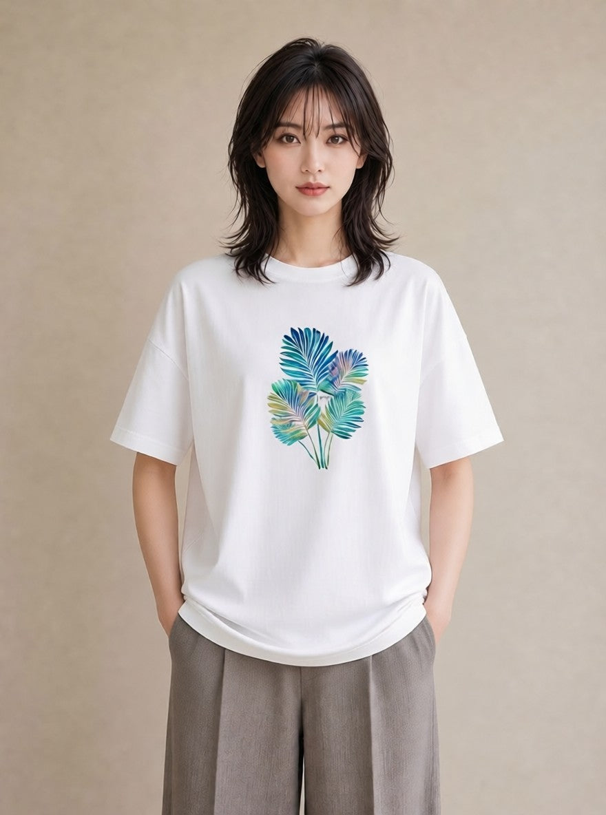 Tシャツ レディース モンステラ 植物 ボタニカル イラスト 韓国風 綿100 デート 白T