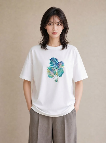 Tシャツ レディース モンステラ 植物 ボタニカル イラスト 韓国風 綿100 デート 白T