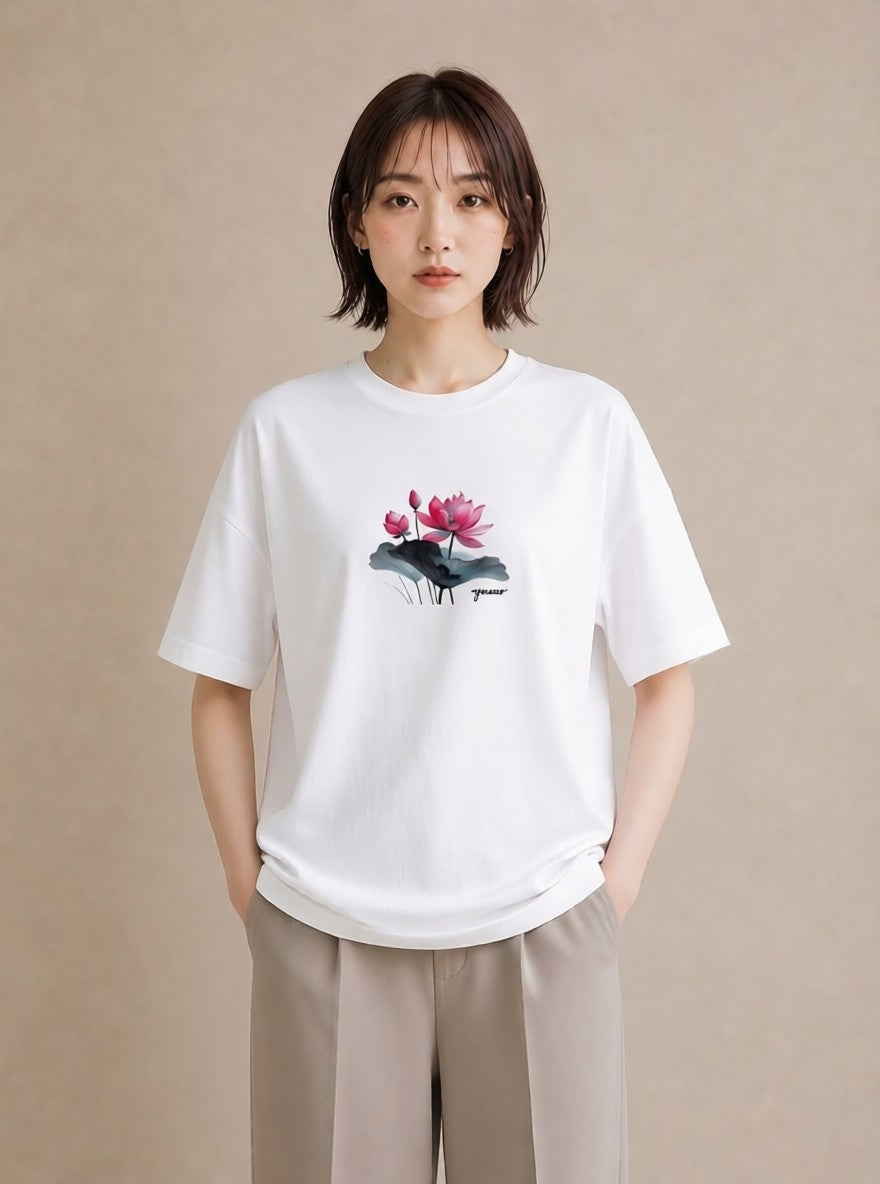 デザインTシャツ レディース 蓮 花 花柄 イラスト 可愛い カフェ服 クリスマス 白T