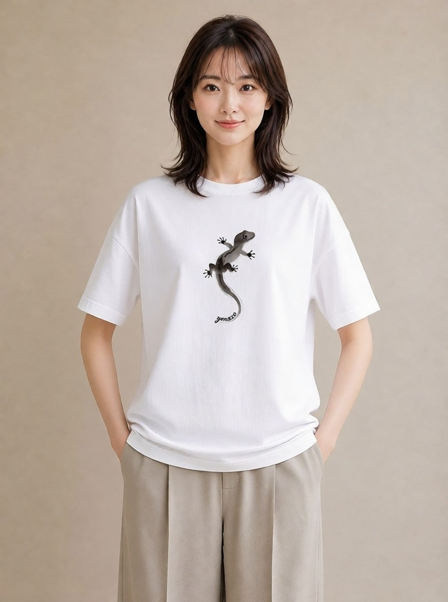 グラフィックTシャツ レディース ヤモリ ペット 動物 イラスト ラフ レイヤード 白T