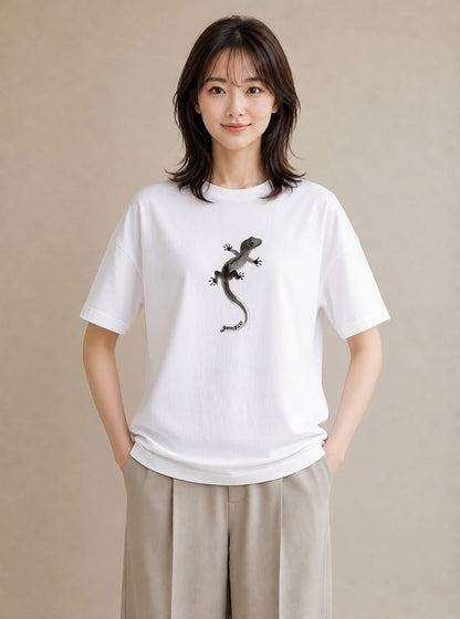 グラフィックTシャツ レディース ヤモリ ペット 動物 イラスト ラフ レイヤード 白T