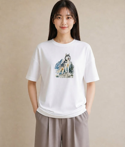 半袖Tシャツ レディース シベリアンハスキー 犬 いぬ イラスト 水彩風 姉妹 送別ギフト 白T