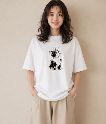 Tシャツ レディース ハチワレ 白黒猫 猫 ねこ イラスト モード ホワイトデー 春服 白T