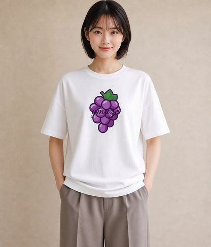 Tシャツ レディース ぶどう 葡萄 食べ物 フード イラスト きれいめカジュアル ミセス 春コーデ 白T