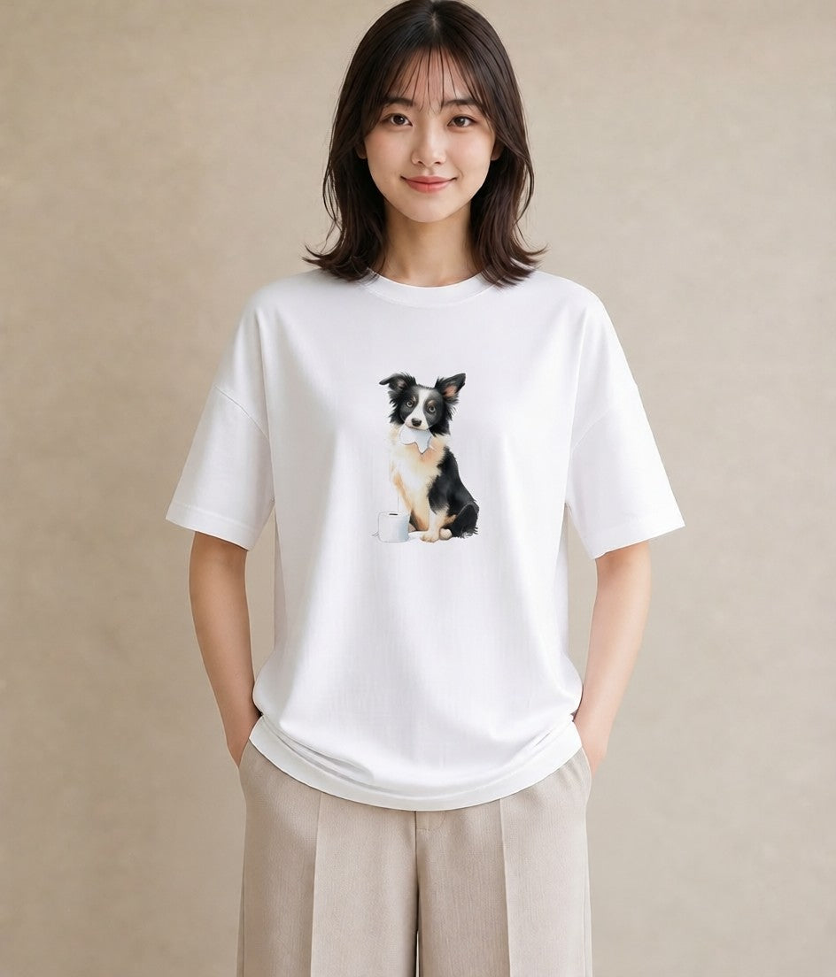 グラフィックTシャツ レディース ボーダーコリー 犬 いぬ イラスト シック 帰省 ラフ 白T