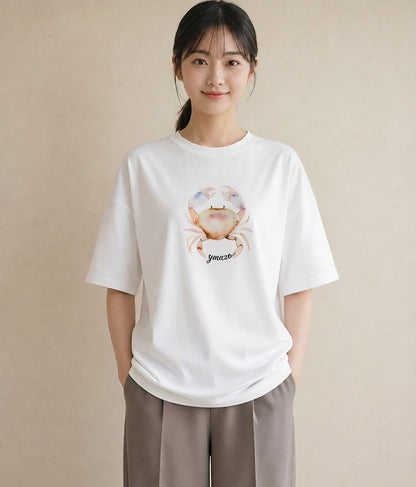 グラフィックTシャツ レディース エビ 海の生き物 海 イラスト 韓国風 カフェ服 クリスマス 白T