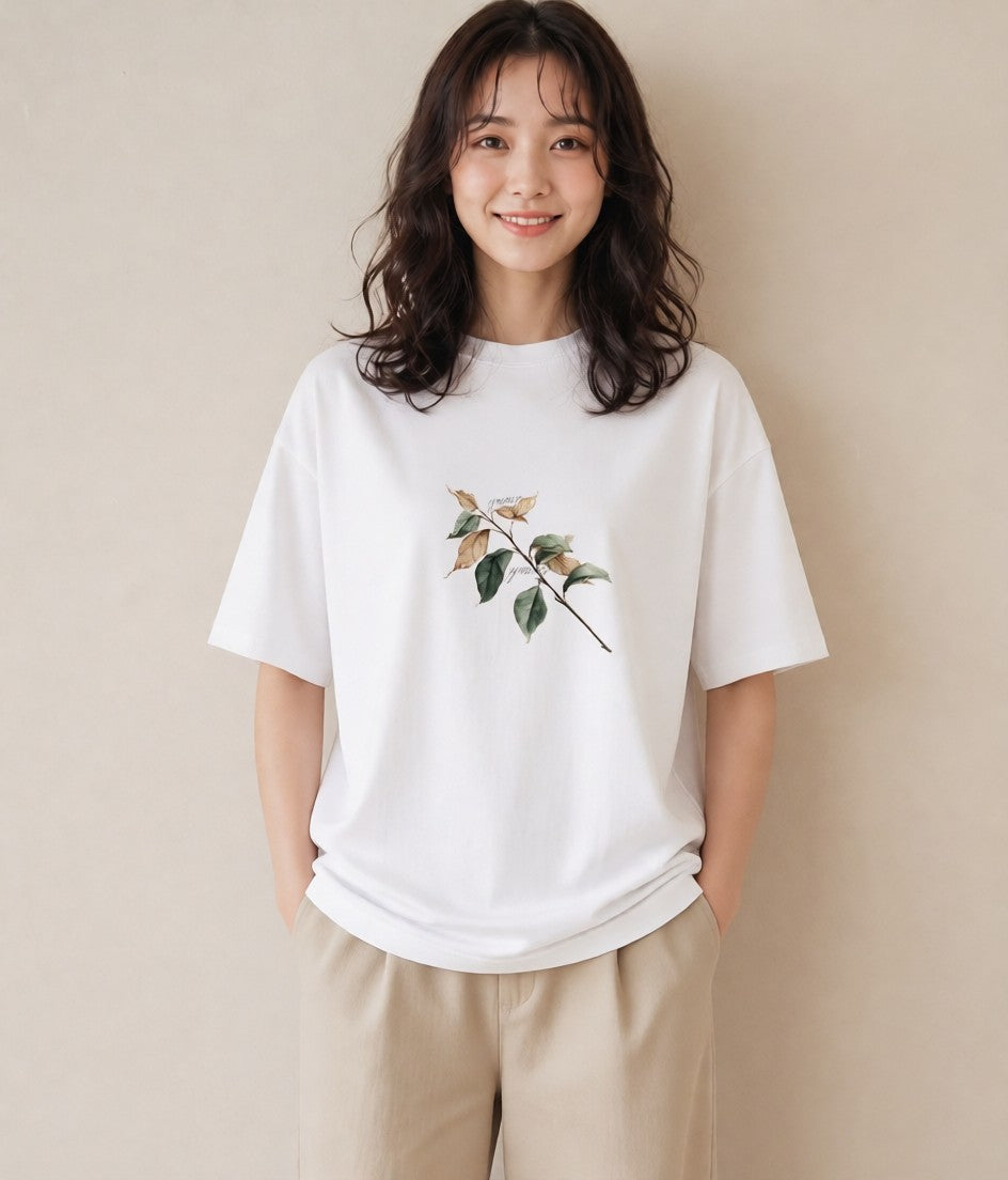 プリントTシャツ レディース 落ち葉 植物 ボタニカル イラスト カジュアル 海 カフェ巡り 白T