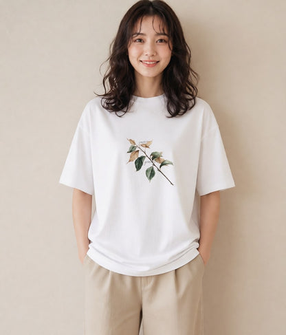 プリントTシャツ レディース 落ち葉 植物 ボタニカル イラスト カジュアル 海 カフェ巡り 白T
