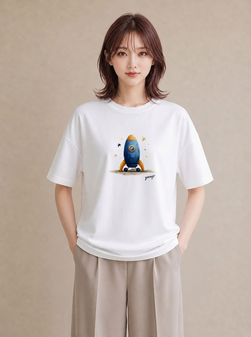 Tシャツ レディース ロケット 星空 宇宙 イラスト 普段使い ペアコーデ 秋コーデ 白T