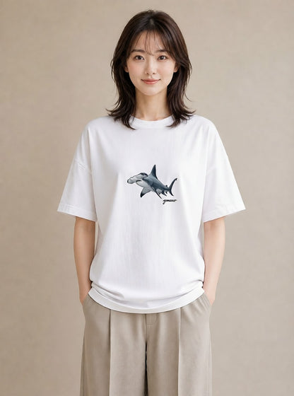 デザインTシャツ レディース サメ 海の生き物 海 イラスト 水彩風 ママ カフェ服 白T