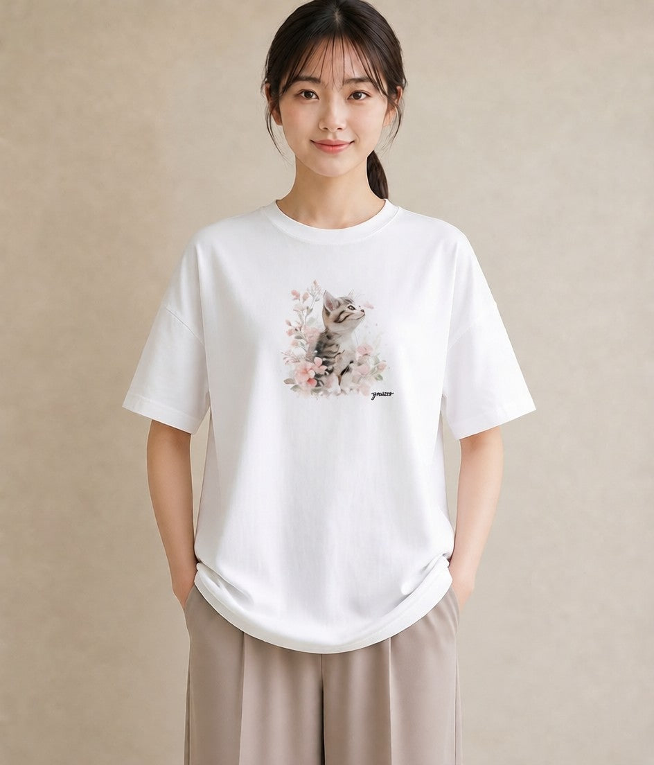 プリントTシャツ レディース ねこ 猫 ネコ イラスト 休日コーデ 友達ギフト 部屋着 白T