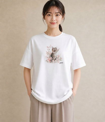 プリントTシャツ レディース ねこ 猫 ネコ イラスト 休日コーデ 友達ギフト 部屋着 白T