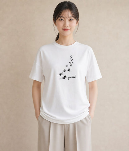 グラフィックTシャツ レディース 肉球 猫 ねこ イラスト 淡色 ミセス 春コーデ 白T