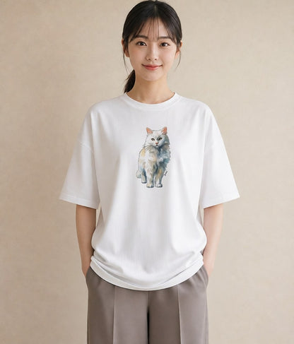 グラフィックTシャツ レディース おすわり猫 猫 ねこ イラスト シンプル レイヤード 友達ギフト 白T